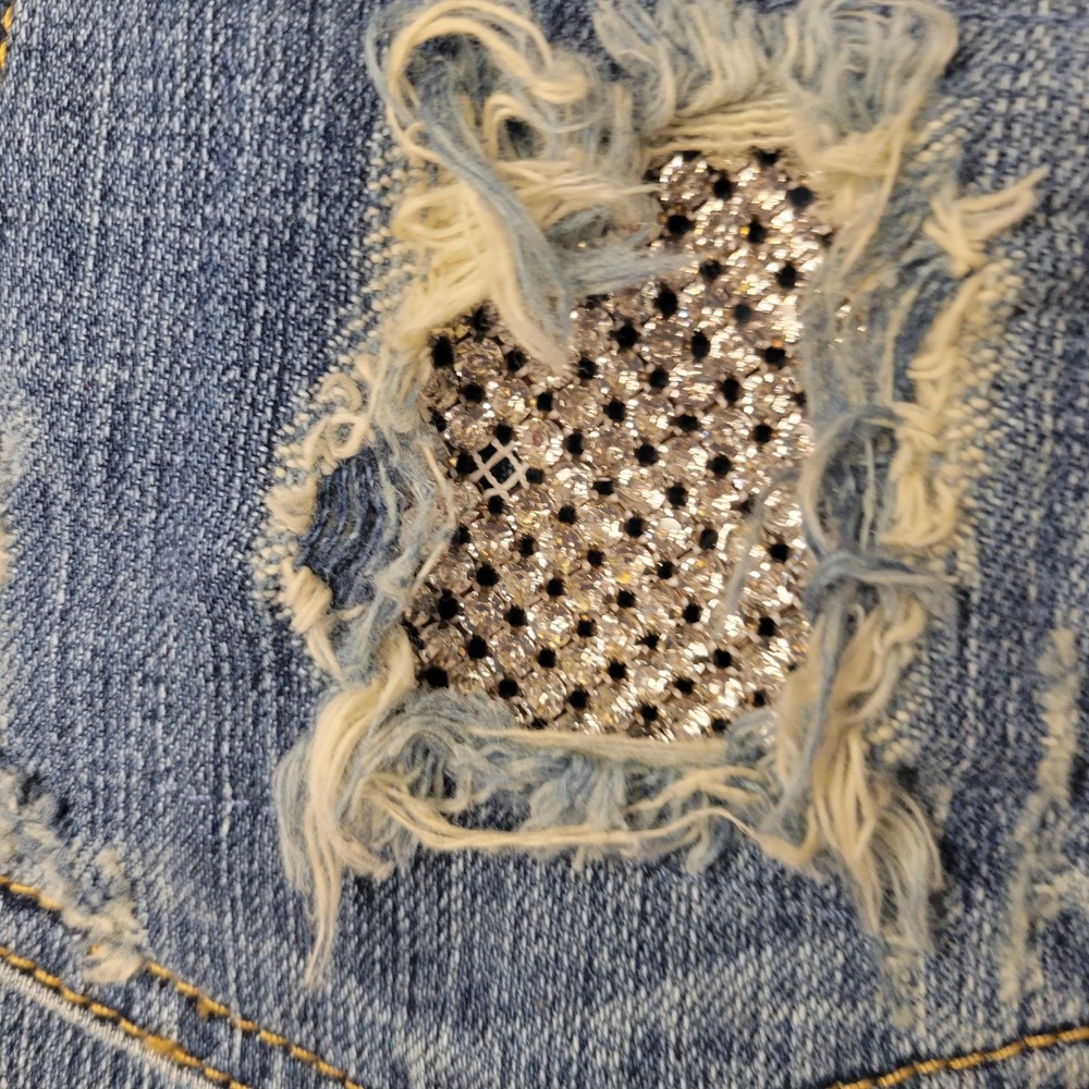 Bebe Denim Mini Skirt Raw Edge Rhinestone Accents Size 29 Y2K Vintage Bling EUC - Picture 8 of 12